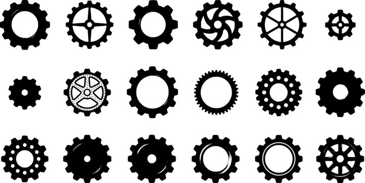 Set of various mechanical gears and cogs silhouettes