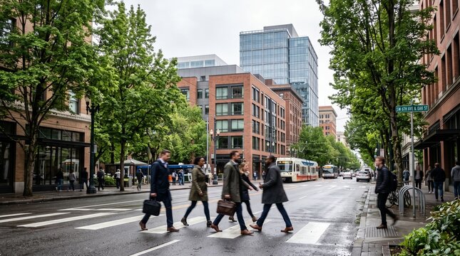 Business Commuters Crossing Wet City Street on Crosswalk