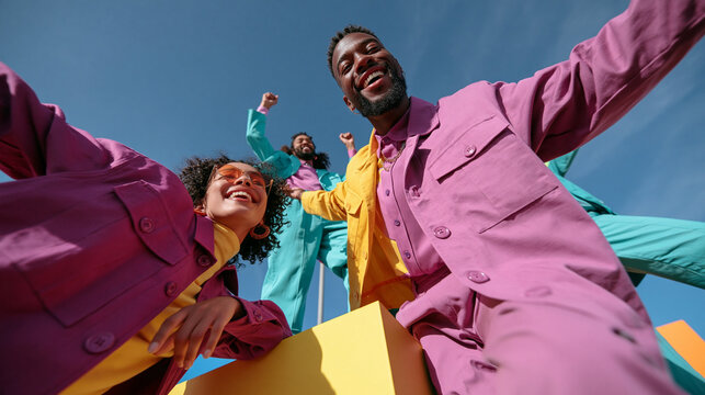 Diverse Stylish Friends in Colorful Outfits Celebrating Outdoors