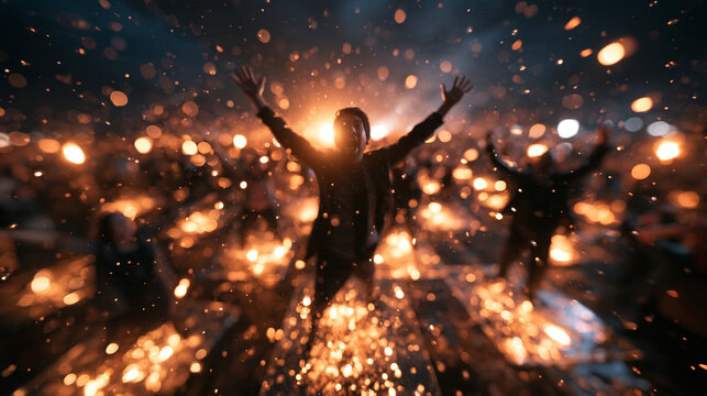 Ecstatic Man Celebrating with Raised Arms Amid Glowing Sparks