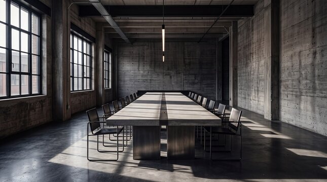 Empty Modern Industrial Boardroom with Long Concrete Conference Table