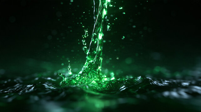 Green Liquid Splashing and Pouring into Dark Water