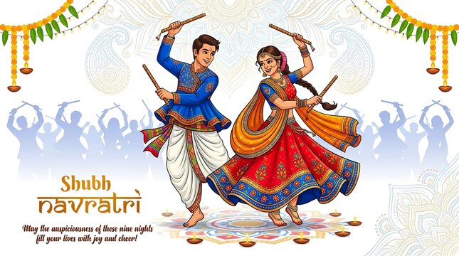 Colorful Navratri celebration with a traditional couple performing Dandiya Raas amid festive decorations, diyas, rangoli, and vibrant Indian cultural elements. Generative AI