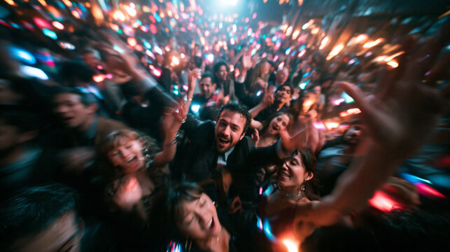 Joyful Crowd Dancing and Celebrating at Nightclub Party