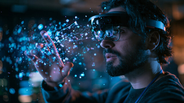 Man Wearing Augmented Reality Glasses Interacting With Digital Interface