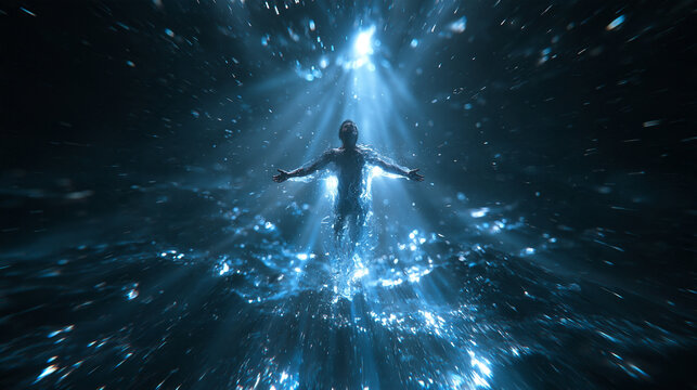 Man Floating Towards Divine Light in Deep Ocean