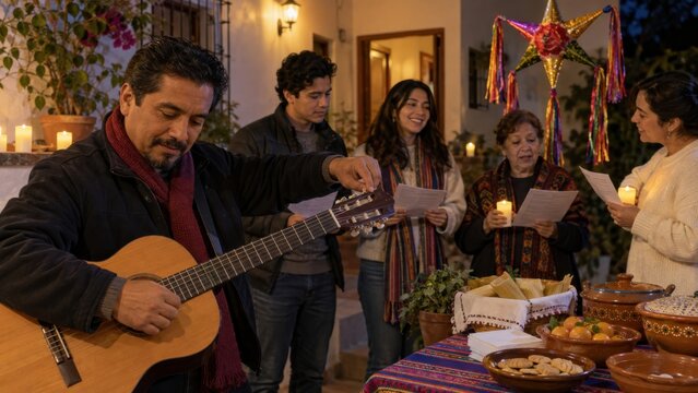 Musician tuning guitar at Mexican Las Posadas celebration