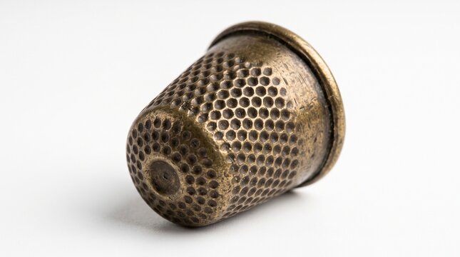 Antique brass sewing thimble photographed from a low macro angle, revealing its finely dimpled surface and subtle aged metallic patina. Isolated on White background.
