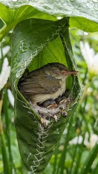 Mother tailorbird shielding tiny hungry chicks inside sewn green leaf nest rain video motion footage