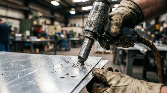 Close-up of a Worker's Gloved Hands Using an Air Tool on Metal in an Industrial Setting
