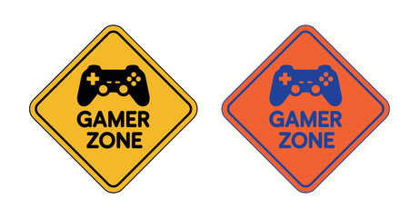 Gamer zone sign: Two diamond shaped gamer zone signs with gamepad icons, one yellow and black, one orange and blue © SOFOL