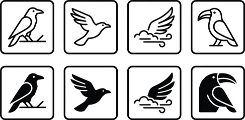 Fototapeta premium Vector icon set of birds including crows and toucans in outline and solid styles with wind and branch elements