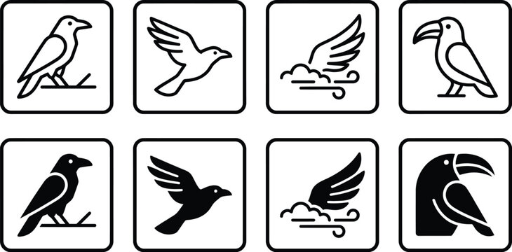 Vector icon set of birds including crows and toucans in outline and solid styles with wind and branch elements
