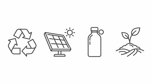 Sustainability concepts showing energy conservation methods plus responsible waste management and nature growth cycles depicted through various linear symbols for environmental awareness and