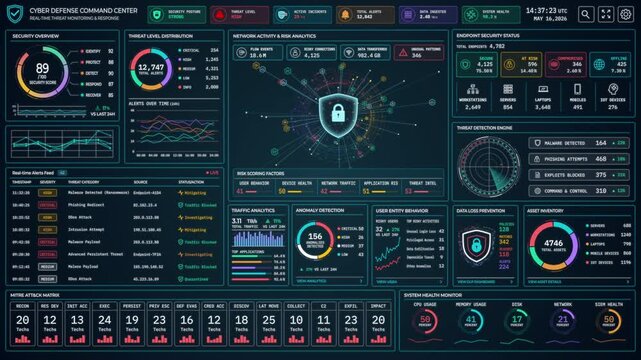 Motion graphic of a highly detailed cyber security dashboard displaying live threat detection data and network analytics for a modern cyber defense command center.
