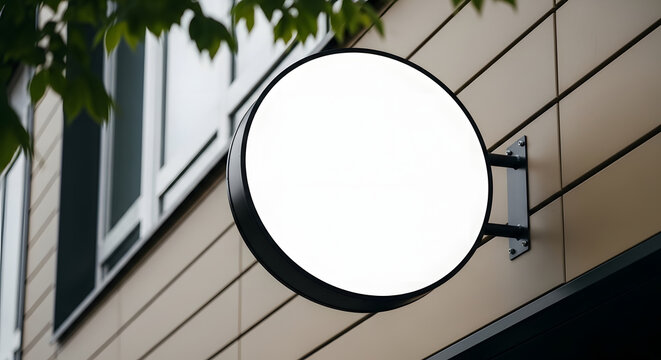 Blank circular black sign mounted on modern building wall for brand display