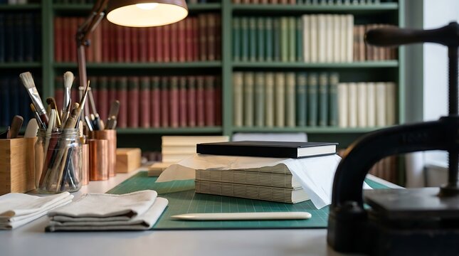 Cozy bookbinding studio features handmade black cover notebook stacked on raw paper blocks with brushes and craft tools arranged on cutting mat under lamp light.