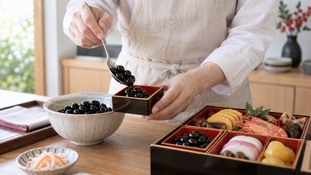 Portioning black soybeans into Japanese New Year osechi box
