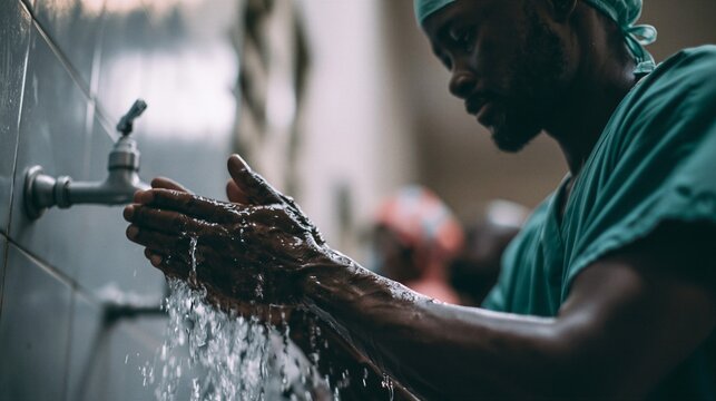 Surgeon Scrubbing and Washing Hands Thoroughly Before Entering Operating Theater