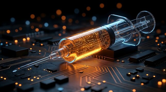 Cylinder glass syringe with vibrant orange integrated circuits glowing inside resting on dark silicon motherboard signifying cyber virus cure and biotechnology.