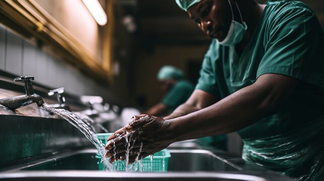 Surgeon Scrubbing and Washing Hands Thoroughly Before Entering Operating Theater