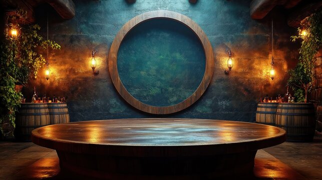 A table with free space for a bottle of wine or food and a retro interior of a cellar with barrels.