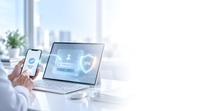Person Using Smartphone for Two-Factor Authentication 2FA Login on Laptop, Digital Technology Concept