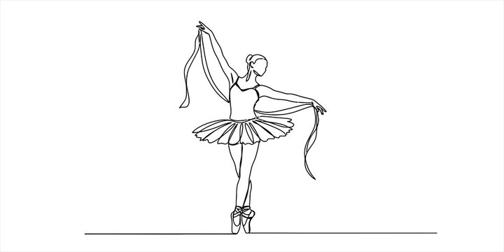 Continuous line drawing of a ballerina dancing in a tutu
