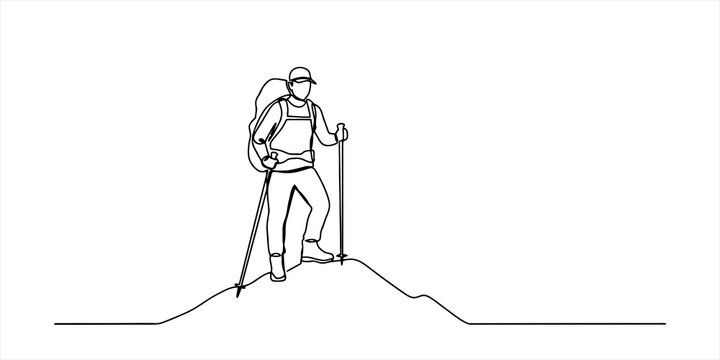 Continuous line drawing of a hiker standing on a mountain