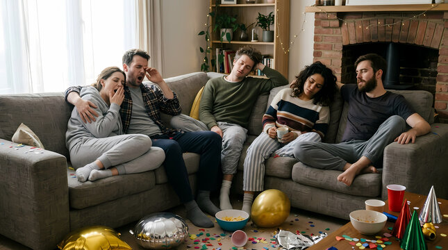 A group of exhausted young friends resting together on a sofa in a living room after hosting a fun party celebration throughout the night while surrounded by scattered colorful festive party