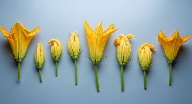 Row of fresh yellow squash blossoms arranged on a soft blue background