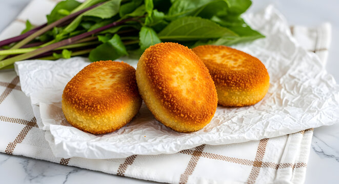 Three golden fried potato cakes on crumpled parchment paper with herbs