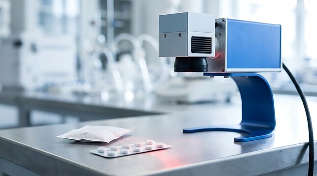 Laser marking machine for precise labeling on pharmaceuticals and packaging in laboratory.