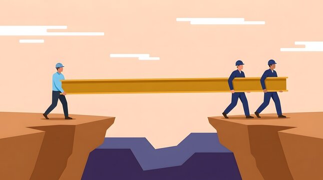 Male workers carrying heavy steel beam across gap between two cliffs   