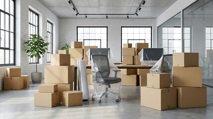 Fototapeta premium Office move in progress with numerous cardboard boxes and office furniture covered in protective plastic.