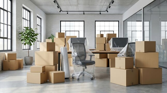 Office move in progress with numerous cardboard boxes and office furniture covered in protective plastic.