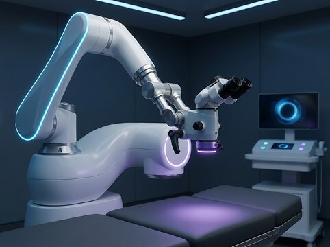 Advanced medical robotic arm with surgical microscope emitting ultraviolet light over modern operating table in sterile high tech clinical environment room.