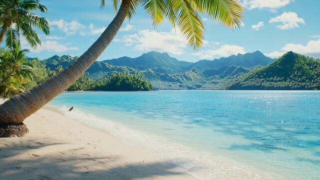 Tropical Paradise Escape: Crystal clear turquoise waters gently lap against a pristine white sandy beach, shaded by the fronds of a leaning palm tree.