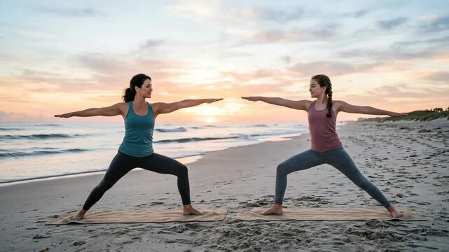 Yoga Duo at Dawn: Two women find serenity and strength in a warrior pose on a sandy beach as the sun rises, casting a soft, ethereal glow across the tranquil ocean and sky.