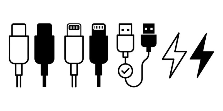 Assorted usb and charging cable icons with lightning bolt symbols