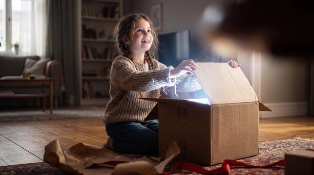 A young girl with braided hair sits on a wooden floor, opening a cardboard box that emits magical glowing light in a cozy home interior.