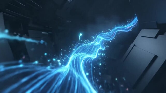 Dynamic digital energy streams flowing through a futuristic cyber environment illustrated in vivid blue hues