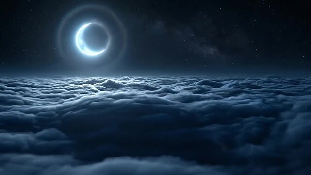Serene Night Sky Above Cloud-Covered Environment with Crescent Moon Illuminated
