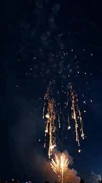 Night Sky Spectacle: Brilliant fireworks illuminate the dark night sky, creating a dazzling display of light and color.