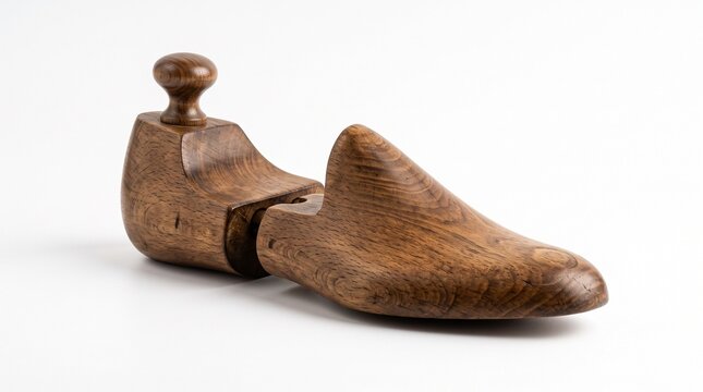 Antique wooden shoe tree with polished beechwood and fine natural grain, photographed diagonally to emphasize its elegant sculptural construction. Isolated on White background.