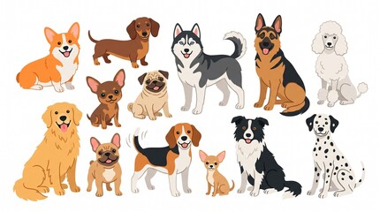 Fototapeta premium Collection of Diverse Dog Breeds Illustrated in a Flat Cartoon Style on a White Background