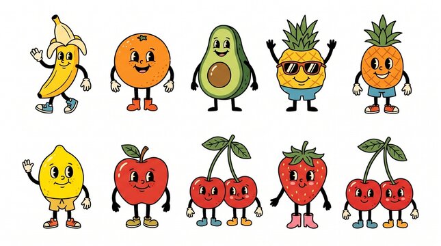 Retro Cartoon Fruit Characters Collection Banana Orange Avocado Pineapple Apple Strawberry Cherries Lemon