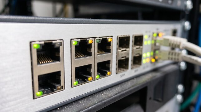 Close up of a network switch with active ports and connected cables