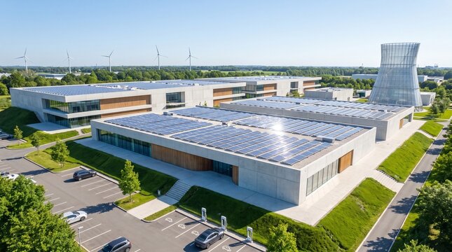 Modern office building with solar panels and wind turbines