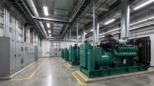 Industrial Power Generator Room with Electrical Panels and Machinery